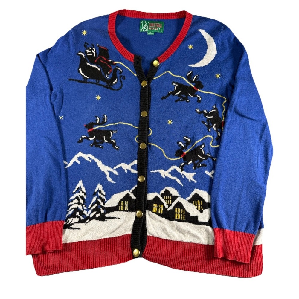 Women's Ugly Christmas‎ Sweater Cardigan Santa Reindeer Size Large Blue
